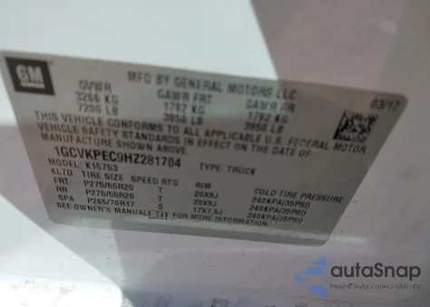 2017 Chevrolet Silverado 1500 Custom from USA, damaged, VIN 1GCVKPEC9HZ281704